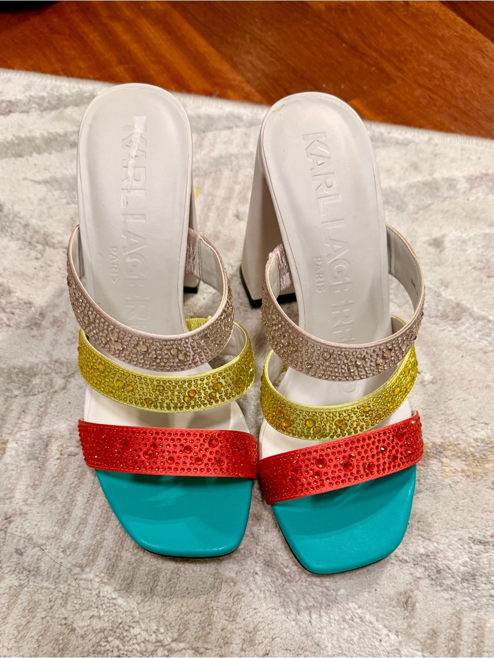 Karl Lagerfeld Red Yellow Turquoise Crystal-Strap Block Heel Sandals - NEW